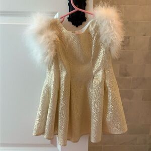 Elegant Gold Kids Coat with Faux Fur Trim
